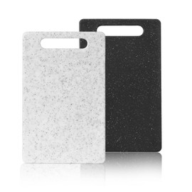 ZROSDSGY 2 Pcs mini plastic cutting boards for the kitchen, in granite color, are suitable for food preparation, fruit and vegetable cutting.They feature an easy-to-hold design （6" x 10"，White+Black)