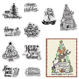 Estivaux Christmas Trees Flowers Leaves Clear Stamps for Card Making Journaling, Merry Christmas Words Rubber Stamps Winter Holiday Bear Elk Stamps for Scrapbooking DIY Cards Album Crafts Supplies