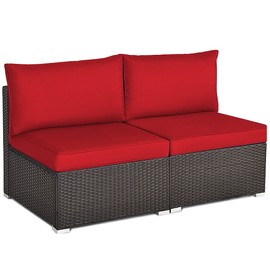 RELAX4LIFE 2-Piece Rattan Armless Sofa - Patio Wicker Sectional Conversation Sofa Set with Removable Cushions, Heavy-Duty Steel Frame, Outdoor Furniture Set for Garden, Backyard, Poolside (Red)