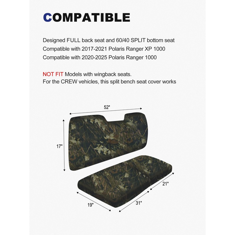 ZIDIYORUO UTV Seat Cover for Polaris Ranger 1000 2020-2025 &