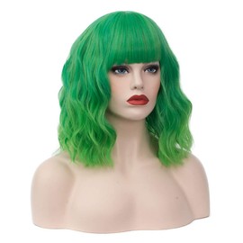 TCAIACT Peluca Corta De 14" Con Flequillo Ondulado Y Rizado, Color Verde Brillante, Con Flequillo Hasta Los Hombros, Peluca Sintética Encantadora Para Mujer Para Fiesta De Cosplay, Disfraz De Anime +