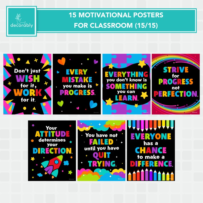 Decorably 15 Chalkboard Motivational Posters for Classroom, 11x14in Matte-Laminated Motivational