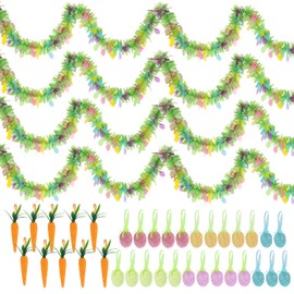 34PCS Easter Egg Ornaments with Carrot and Easter Tinsel Garlands,Glitter Foam Hanging Eggs Artificial Carrots 6.56ft Fringe Garland(4pcs)