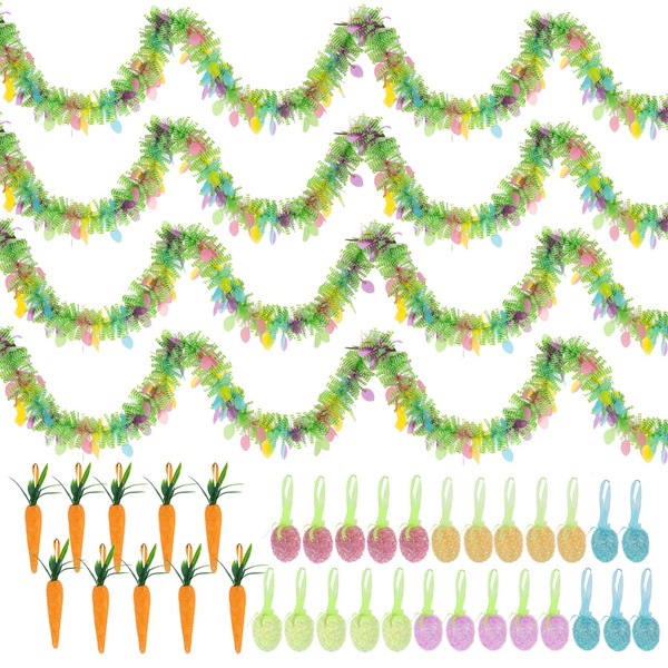 34PCS Easter Egg Ornaments with Carrot and Easter Tinsel Garlands,Glitter
