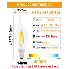 Lamsky E14 LED Bulb European Base 4000K Neutral White 4W,40W Equivalent LED Chandelier Light Bulbs Dimmable 110V,Flame Tip Candelabra LED Bulbs,6 Pack