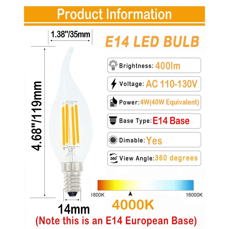 Lamsky E14 LED Bulb European Base 4000K Neutral White 4W,40W