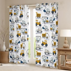 Equipment Trucks Curtains for Bedroom Construction Blackout Curtains Cartoon Car Excavator Tractor Darkening Dreapes Cute Construction Vehicles White Yellow Window Treatments (2 Panels, 42 x 63 Inch)