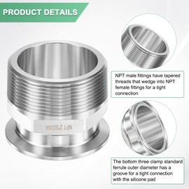 M METERXITY 1-Pack Tri Sanitary 2 in Clamp Fittings to 2 in NTP Male Thread Stainless Steel Pipe Hexagon Fitting for Food/Beverage/Home Brew Adapter Connector, Ferrule OD 64mm