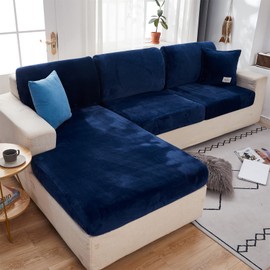 MIFXIN Velvet Stretch Couch Cushion Slipcover Sofa Cover 1 Piece Universal Elastic Wear-Resistant Sofa Seat Cover Furniture Protector (Navy Blue, Plus Size 1-Seater)