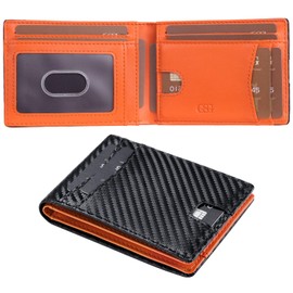 GSG Mens Slim Bifold Wallet, Genuine Leather Wallet, RFID Blocking Wallet With 1 ID Window 10 Cards Holders Mens Front Pocket Wallet With Gift Box, Carbon Fiber Black and Orange