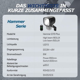 ADDVIEW E-Bike Front Light 180 Lux Hammer E170 Plus - High Beam, Low Beam, with Handlebar Switch, IP65, Aluminium, StVZO/ECE Compliant, for 8-48V DC, Anti-Glare & Strong