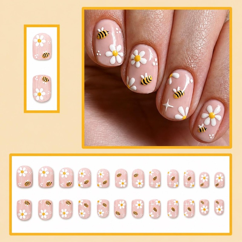 Bee Daisy Press on Nails Short Square - Soft Nude