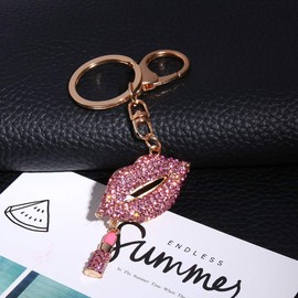 HEEPDD Lipsticking Lip Key Chain, Crystal Lipstick Makeup Keyring Rhinestone Keychain for Girl Woman Lady Purse Bag Charm Pendant