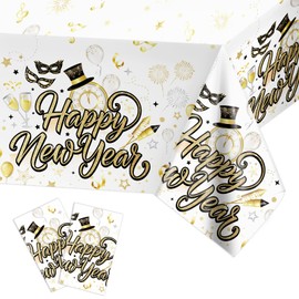 HOWAF 2 Happy New Year Table Cloth New Years Eve Decorations 2025, New Years Eve Table Cloth Plastic PVC Rectangle Happy New Year Table Cover for Happy New Year Decorations 2025, White Gold