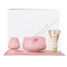 ZENS Matcha Set Pink, Japanese Matcha Tea Ceremony Kit, 5pcs Matcha Tea Set with Bamboo Whisk and Ceramic Bowl & (Chasen Holder) Scoop, Soft Towel, Gift for Matcha Latte Lover