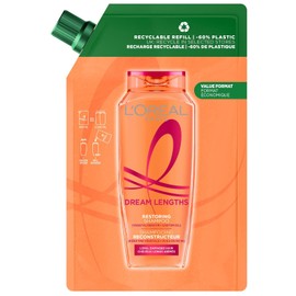 L'Oréal Paris Elvive Dream Lengths Restoring Shampoo Refill pouch 500ml | With Vegetal Keratin, Castor Oil, For Long Hair, Recyclable Refill Pouch, 60% Less Plastic, Value format