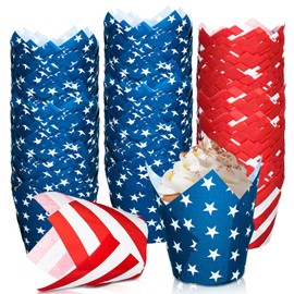 JarThenaAMCS 200Pcs Patriotic July 4th Tulip Cupcake Liners Stars Stripes Muffin Baking Cups Independence Day Cupcake Wrappers for Party Supplies Table Decor