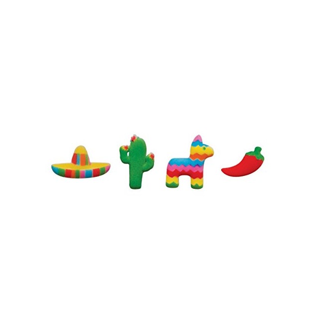 Lucks Cinco De Mayo - Cactus, Sombrero, Pinata, Chili Pepper Edible Sugar Decorations - 12 Count - This item is packaged between food safe foam and is heat sealed in a food approved poly bag -