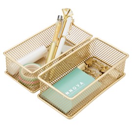 Annova Cajonera de Malla y Estante Organizador Cubos Cesta de Almacenaje Material Escolar Soporte de Oficina Bandeja - Juego de 2 (Gold, 15x7.5x5cm)
