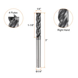 sourcing map Carbide Square Nose End Mill Bit 1/4" Cut Dia 4 Flutes TiAlN Coated Milling Cutter for Hardened Steel Metal (1/4" Shank 1-1/8" Cut Length 3" Long 30 Degree Helix)