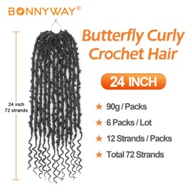Butterfly Curly Crochet Hair 24 Inch 6 Packs Color Jet Black, Bohemian Butterfly Braids with Curly Ends Pre-looped Hair Extensions (6 Packs, 1#)