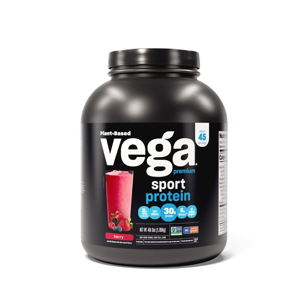 Vega Sport Premium Vegan Protein Powder, Berry - 30g Plant Based Protein, 5g BCAAs, Low Carb, Keto, Dairy Free, Gluten Free, Non GMO, Pea Protein for Women & Men, 4.2 lbs (Packaging May Vary)
