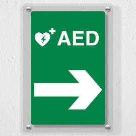 V Safety AED Arrow Right Automated External Defibrillator Acrylic Sign - 200x300mm - Emergency Health Signage, Durable, Shatterproof