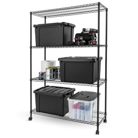 IRIS USA, Inc. 4-Tier Adjustable Heavy Duty Steel Storage Rack with Removable Locking Casters (Up to 1200 lbs Loading Capacity), Wire Organization Unit with Metal Shelves, Black (48"L x 18"W x 73.5"H)