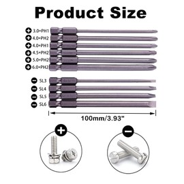 Rocaris 10pcs 1/4 Inch Hex Shank Long Magnetic Screwdriver Bits Set 4 in Power Tools (Slotted+Cross Head)
