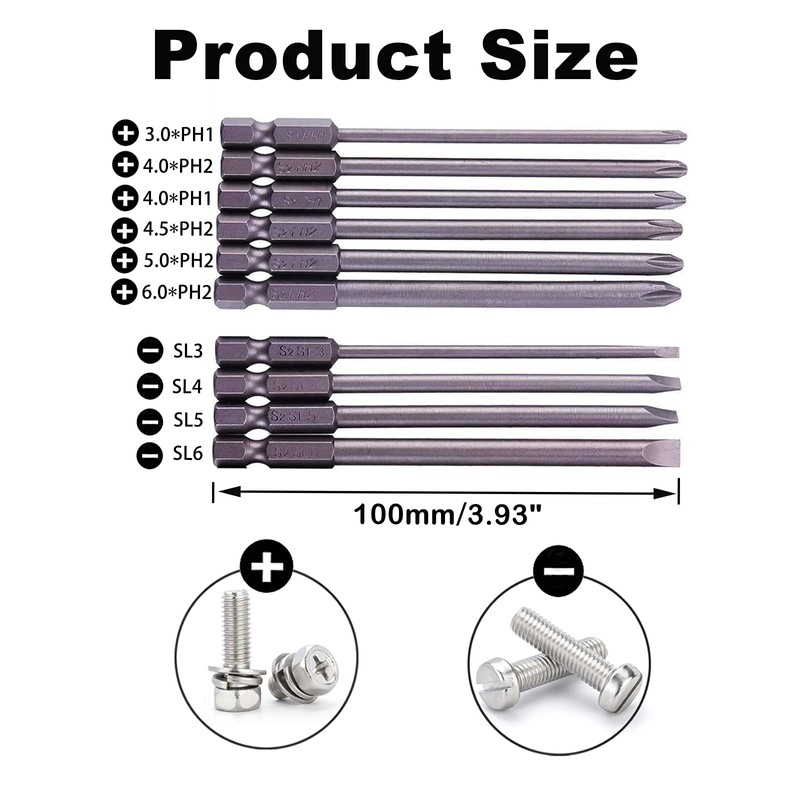 Rocaris 10pcs 1/4 Inch Hex Shank Long Magnetic Screwdriver Bits