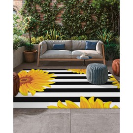 Outdoor Rug 4x6 ft Yellow Sunflower Outdoor Large Area Rug Non Slip Rubber Floral Black White Stripes Front Door Mat RV Rug Camping Carpet Patio Outdoor Rugs for Backyard Balcony Deck Porch Indoor