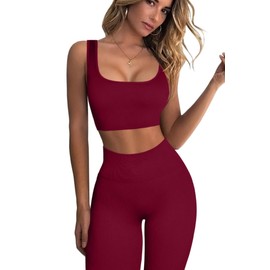 QINSEN Active Wear Outfits for Women 2 Piece Set Athletic Seamless Leggings and Ribbed Sport Bra Sets Wine M
