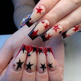 Press on Nails Long Length Black Red Stars False Nails Ballet Shaped Nails Artificial Acrylic Nails Rhinestones Design French Fake Nails Full Cover Reusable Coffin Nails Glue on Nails for Women 24Pcs