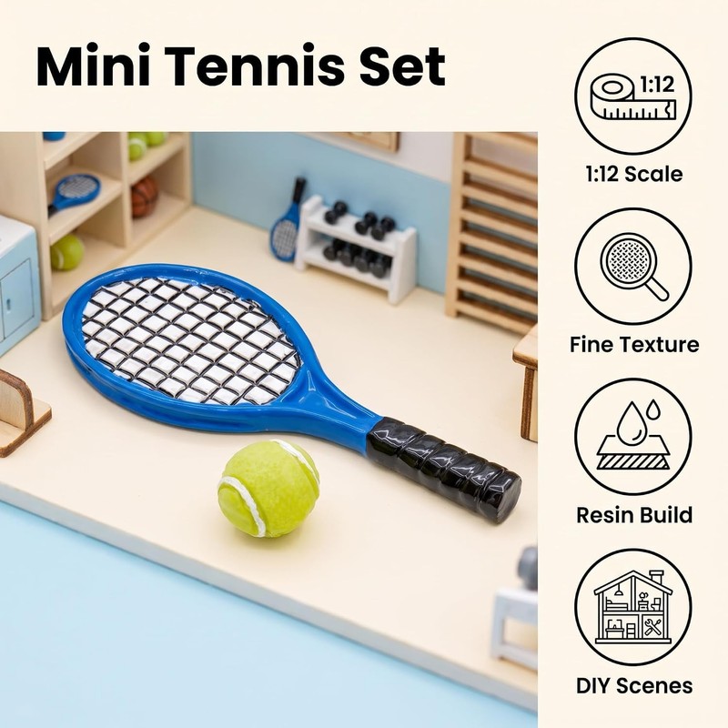 Blue and Green Miniature Tennis Racket Set, 1/12 Scale Accessories,