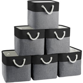 FinishingBo Fabric Cubes Storage Basket, 6 Pack 11x11 in with Handles Foldable Cube Storage Bins, for Shelves, Home, Office, Nursery Organizers (Black/ Gray)