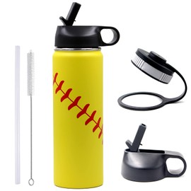 22 oz Baseball Baseball Softball Water Bottle, Sports Flask Metal Travel Tumbler with 2 Lids 18/8 Stainless Steel Double Wall Vacuum Insulated Hot/Cold (22oz, Yellow Softball)