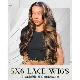 Arabella 5x6 Ready to Go Glueless Wigs Human Hair 1B/30 Highlight Lace Front Wigs Human Hair 210% Density Pre Cut Glueless Wig Real Pre Bleached Body Wave Wig (22inch, 5X6 Body Wave)