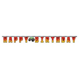 Club Pack of 12 Orange and Yellow "HAPPY BIRTHDAY" Printed Monster Truck Rally Banner 81''