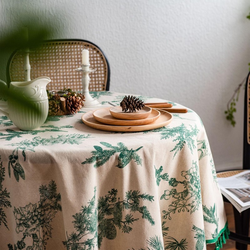 Circle Table Cloth - 150CM Round Tablecloth, Green Pine Branch