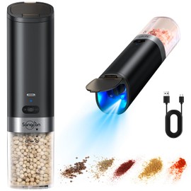 Sangcon Gravity Electric Salt and Pepper Grinder Set Rechargeable with Dust Cover, Large Capacity, Adjustable Coarseness, LED Light, One Hand Automatic Salt Pepper Shaker Set Mill, House Warming Gifts