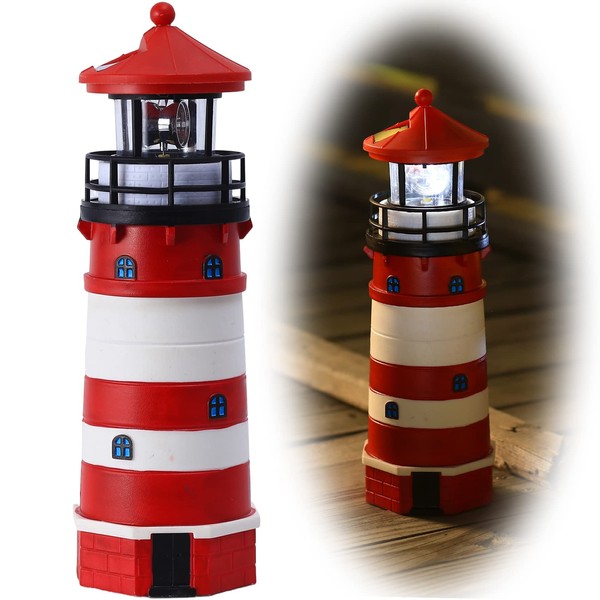 HSHD Lighthouse with Rotating Beacon LED Lights - Solar Lighthouse Lamp Outdoor Decorative for Garden Patio Lawn Gifts (Red1)