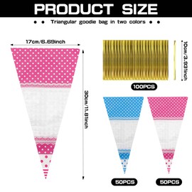 100 Stück dreieckige, transparente kegelförmige Leckerli-Tüten mit Bändern für Partygeschenke, Keksverpackungen, 2 Farben