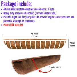 LaLaGreen Window Planter Boxes (48 Inch, 2 Pack) Deck Railing Flower Box with Coco Liner, White Metal Rectangular Wall Planters for Outdoor Plants Fence Balcony Horse Trough Garden Herb Patio Porch