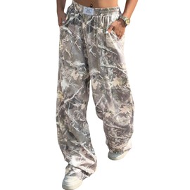ZAFUL Women's Camo Cargo Pants Y2K Elastic High Waisted Wide Leg Casual Straight Pants Joggers Sweatpants with Patch Detail(1-White, XL)