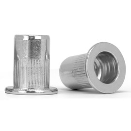 Zinc Plated Steel Flat Head Rivet Nut with Round Shank Knurled and Open Metric Thread (M8, Pack of 100)