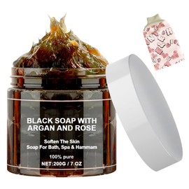 KOAHDE Black Soap With Argan Oil,African Black Soap,Natural African Black Soap,Body Exfoliating Soap,Black Soap Dispenser Bathroom,African Black Soap Bar,200G And 1PC Rubbing and Bathing Towels