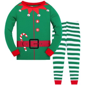 Akyzic Striped Big Boys Girls' Santa ClausChristmas Cotton Long Sleeve Pajama Set T Shirts Funny Holiday Outfits 10t(Elf-6411)