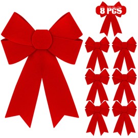 8 PCS Christmas Bows, 9 x 12 Inches Red Bows Christmas Decorations, Velvet PVC Christmas Bows for Wreaths Hanging Christmas Tree Bow Outdoor Indoor Xmas Home Party Supplies for Fence Stairs Door