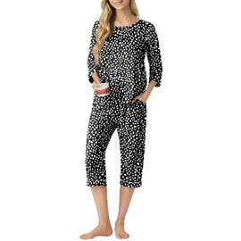PrinStory Women's Pajama Sets Capri Pjs Sets 2 Piece Soft Lounge Sets Sleepwear with Pockets Spot Black-L