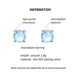 Bellitia Jewelry 925 Sterling Silver Women's Moonstone Stud Earrings, Round Moonstone Stud Earrings, Small Earrings, Hypoallergenic for Women and Girls, Sterling Silver, Moonstone